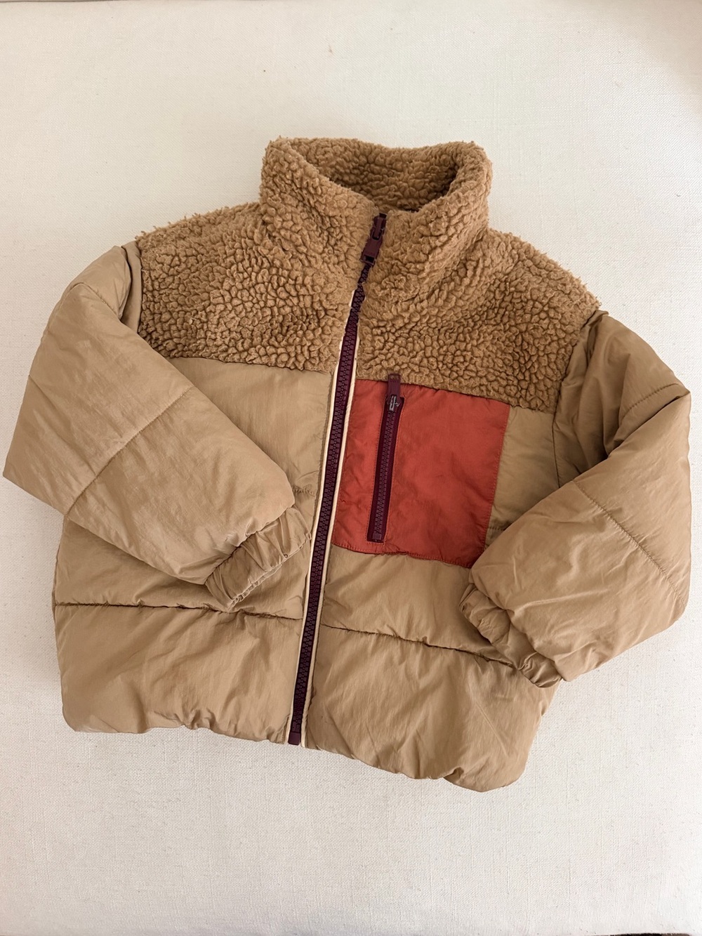 Zara Tan Sherpa & Puffer Jacket with Rust Pocket